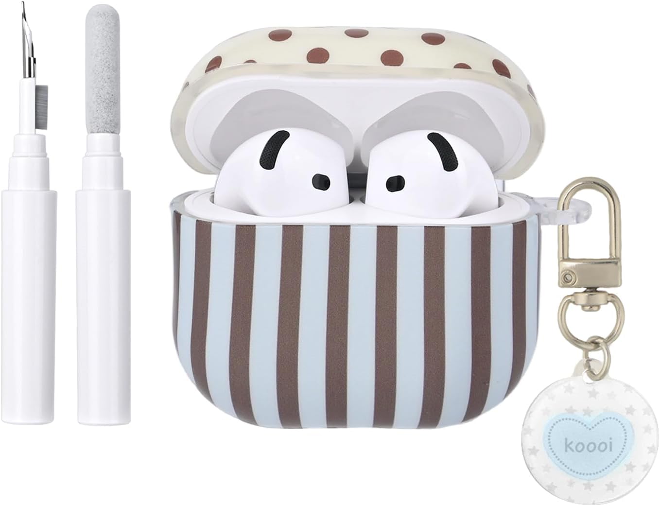 for AirPod 4th Generation Case with Keychain Striped Polka Dot Trendy Cute Aesthetic Glossy Shockproof Protective Case for AirPod 4 with Cleaner Kit-Blue