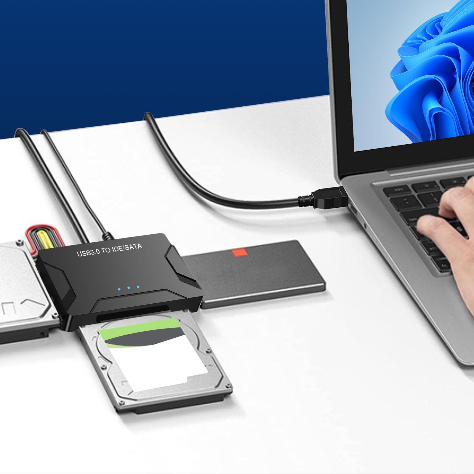 ADATTATORE IDE/SATA a USB 3.0 per HDD 2,5/3,5 pollici su Windows 11/10/8/7/XP/Vista, Mac OS, Linux con cavo SATA e USB, alimentatore 2A