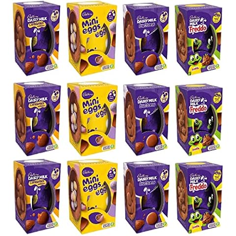 Cadbury Chocolate Easter Egg Bulk - Pack of 12 - Medium 3x Caramel Nibbles 96g, 3x Mini Eggs 97g, 3x Freddo 96g & 3x Buttons 98g Easter Hamper Chocolate Bundle with Topline Card Cover