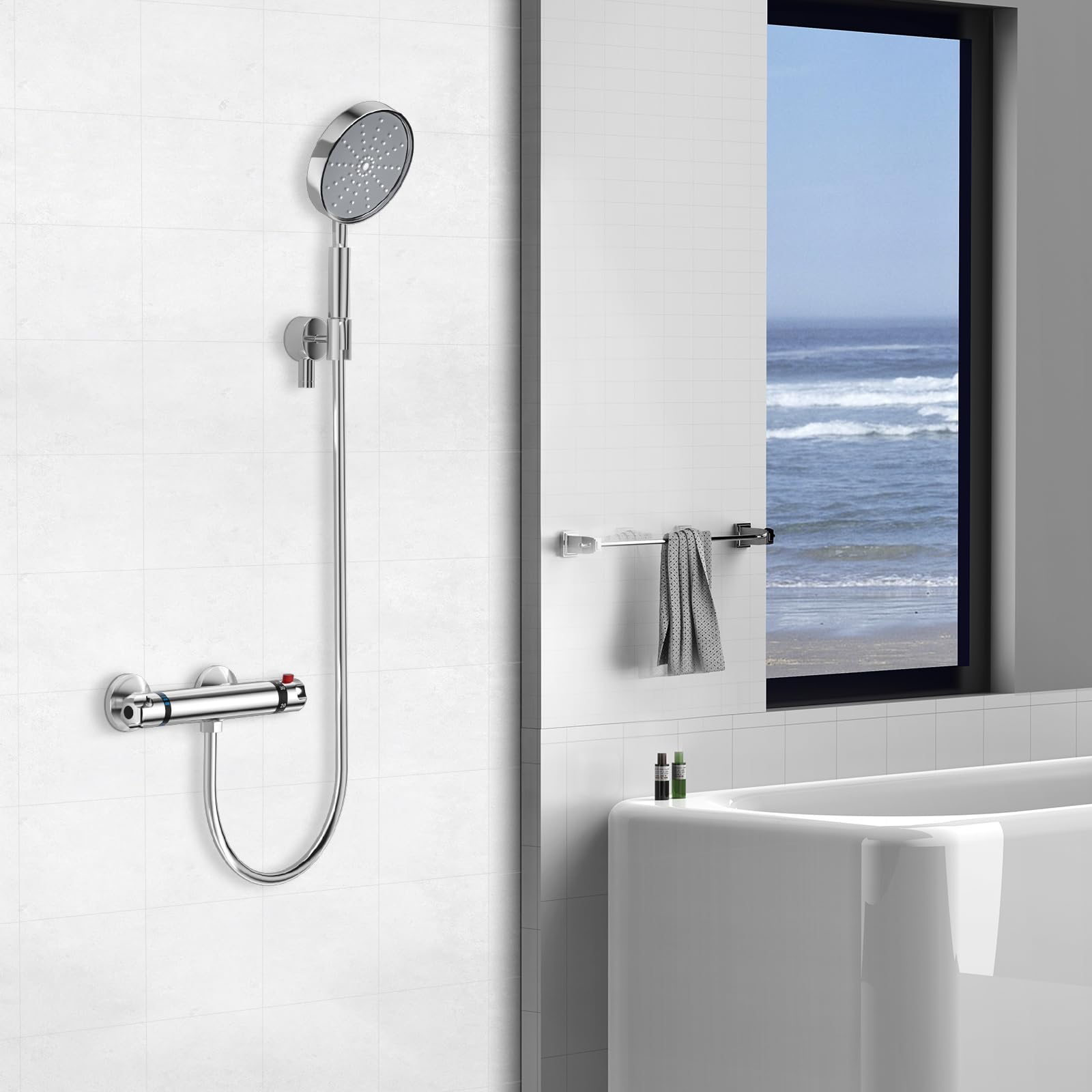 LADOKEE Mitigeur Douche, Robinet Thermostatique Douche avec Bouton de Sécurité 38 °C, Anti-brûlure, Entraxe 150mm, Raccord G 1/2, Laiton, Température Réglable 20-50°C, Chromé, pour Salles de Bains