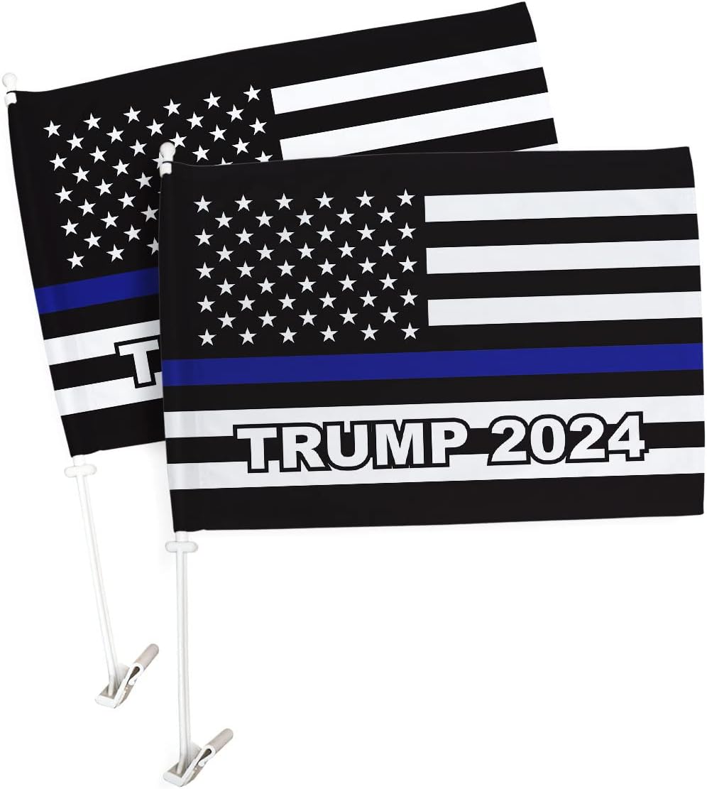 Trump Flag 2024 Thin Blue Line Car Flag Pack Patriotic Vote President Democrat Republican Tea Party United State American Election House Banner Small Garden Yard Gift Double-Sided, Made in USA