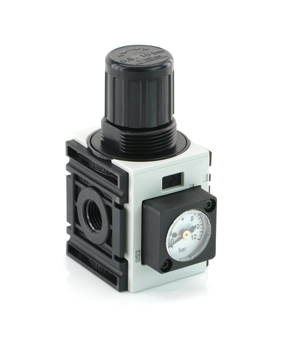 Regolatore di pressione Futura Serie 0, fino a 1000 l/min, riduttore di pressione (manometro compatto/0,5 – 8 bar)