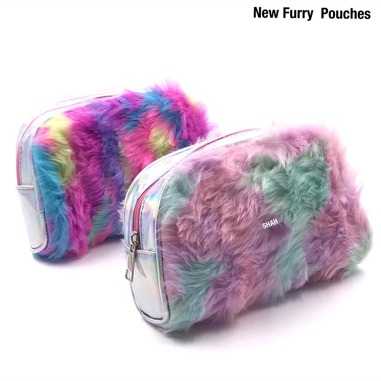 shopngift rainbow plush furry soft multipurpose pouch stationery cosmetic for women & girls (1 pc)- Multi color