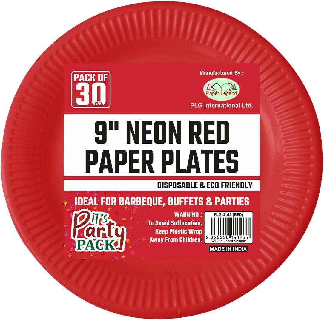 (𝐏𝐚𝐜𝐤 𝐨𝐟 𝟑𝟎) Round Paper Plates | 9 Inch Disposable Paper Plates | Paper Plate Eco-Friendly Plates for Events Birthday Parties, BBQs, Wedding, Cakes, Dessert, Fruits (Neon Red)