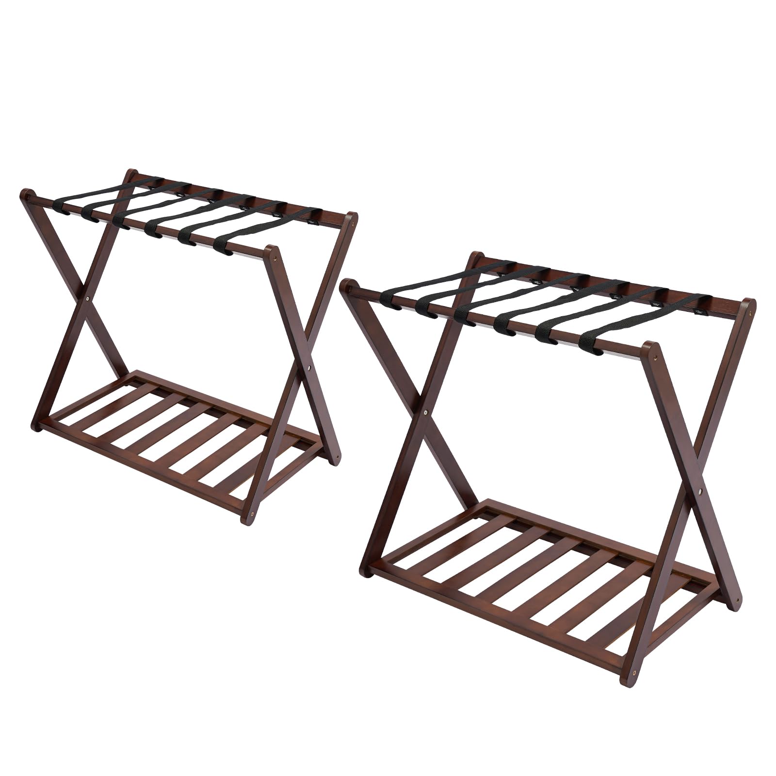 Liffshsy Bamboo Luggage Rack Pack of 2, 5 Nylon Straps Foldable Suitcase Stand with Storage Shelf 25