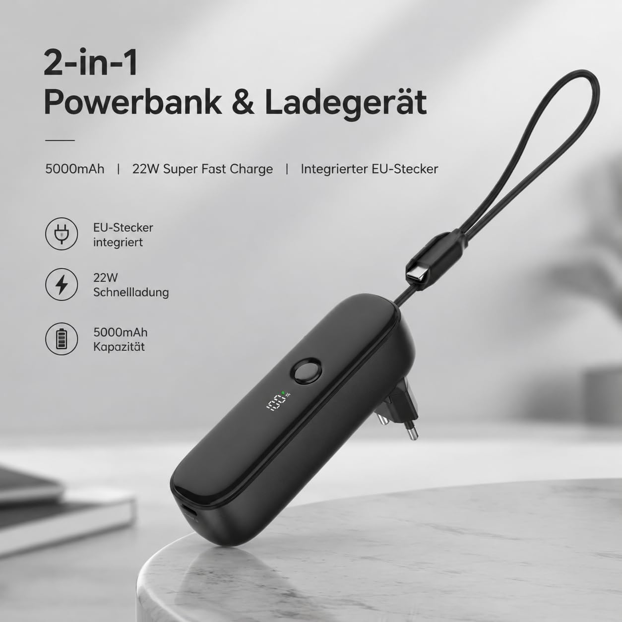 Alkaya Banque d'alimentation 2 en 1 5000 mAh avec prise murale UE pliable, charge super rapide USB-C 22 W, indicateur de pourcentage LED, seulement 157 g, batterie externe portable pour bureau, voyage