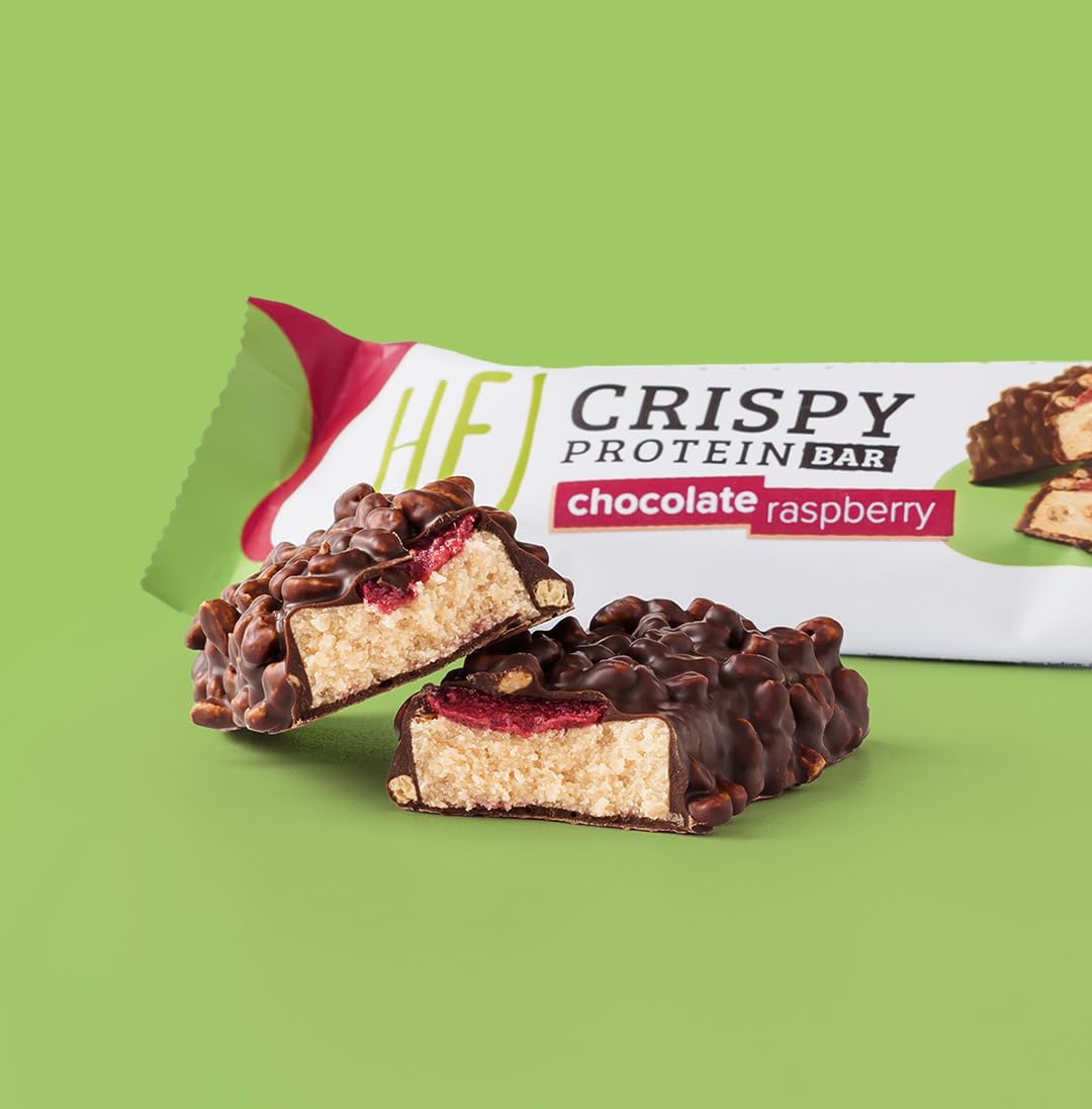 HEJ Vegan Crispy Chocolate Raspberry | High Protein Riegel, zuckerarm nur 0,4 g Zucker | schokoladiger, knuspriger Eiweißriegel, palmölfrei, Low Sugar Snack Bar | 12 Proteinriegel x 45 g
