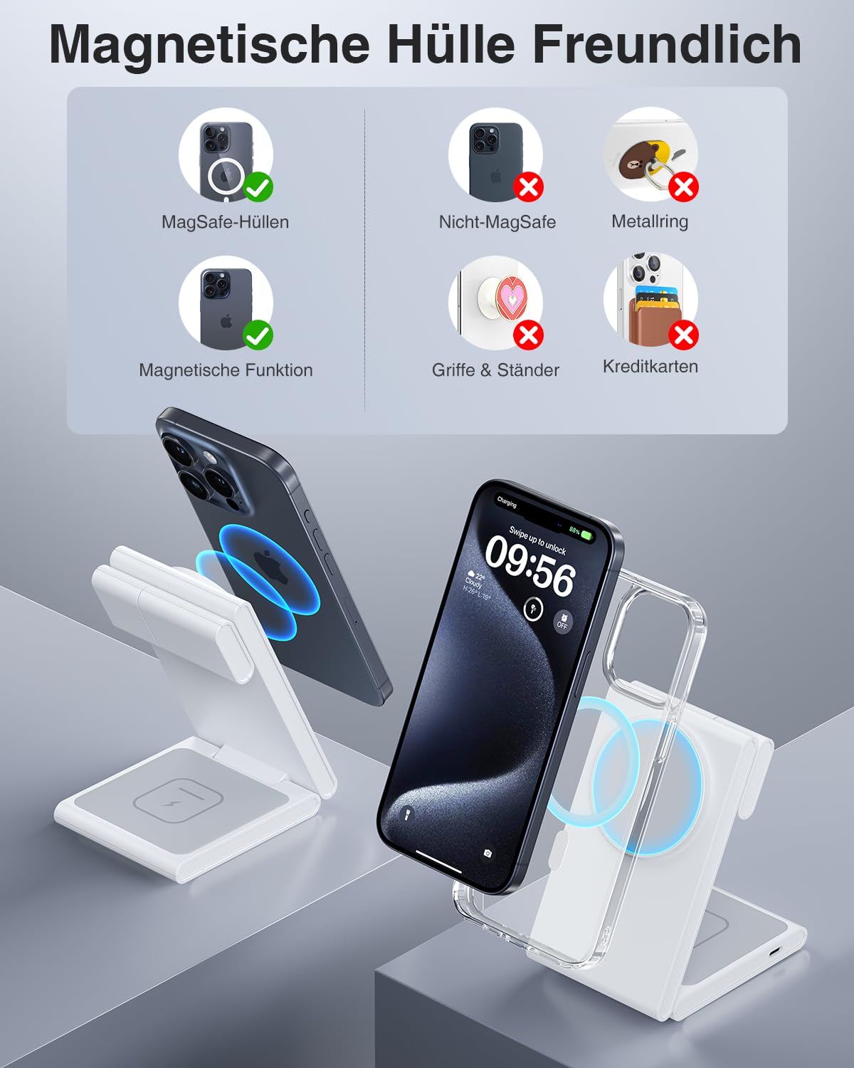 Anker MagGo Caricatore Wireless iPhone 15W, Base di Ricarica 3 in 1 con MagSafe, Certificato Qi2 Ultra-Rapido, per iPhone 17/16/15/14, AirPods Pro, Apple Watch 9/8/SE (Caricatore USB-C da 40W Incluso