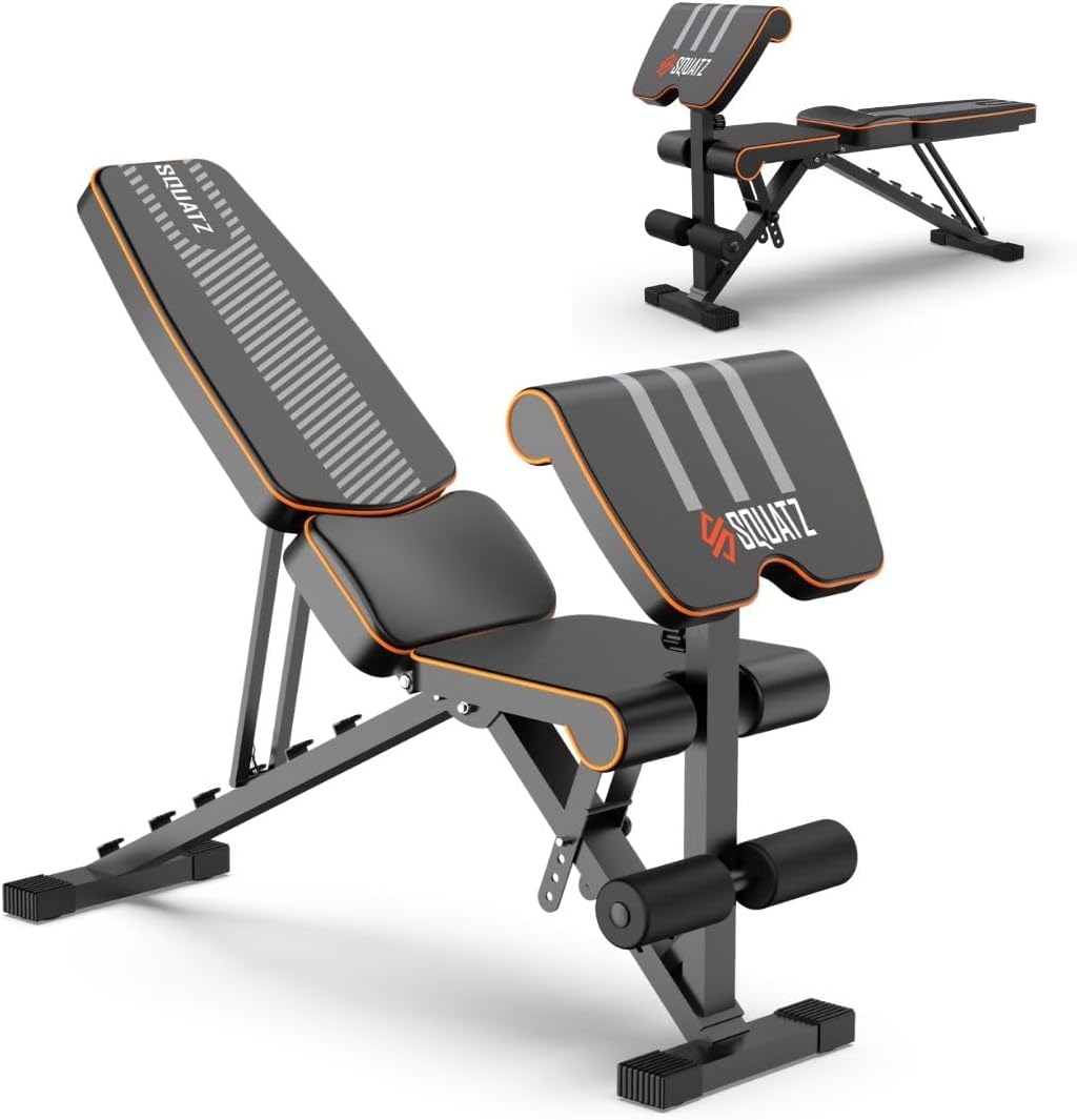 SQUATZ Adjustable Workout Bench - Multi-Purpose and Foldable Bench with Leg Extension for High-Intensity Exercises, with Non Slip Foot Caps, Six Level Adjustment Backrest, Preacher Curl, 440lbs
