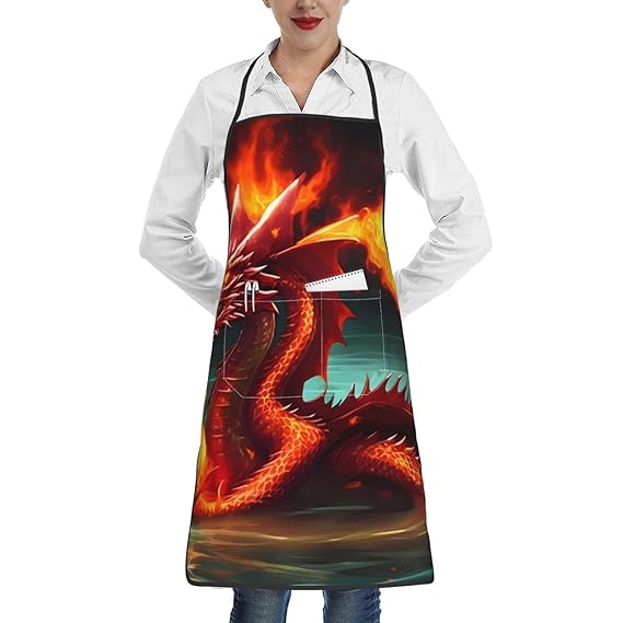 MYGANN Dragon King In Fire Unisex Waterproof Stain Resistant Apron With Pockets For Kitchen Restaurant Hotel Barbecue, White, One Size