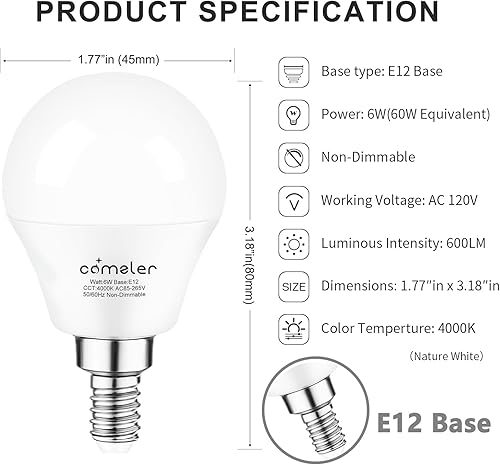 Miniatura 7 de comzler - Bombillas LED para ventilador de techo, bombillas de candelabro - Equivalente a 60 W, 4000 K, luz blanca fría, base E12 de candelabro,