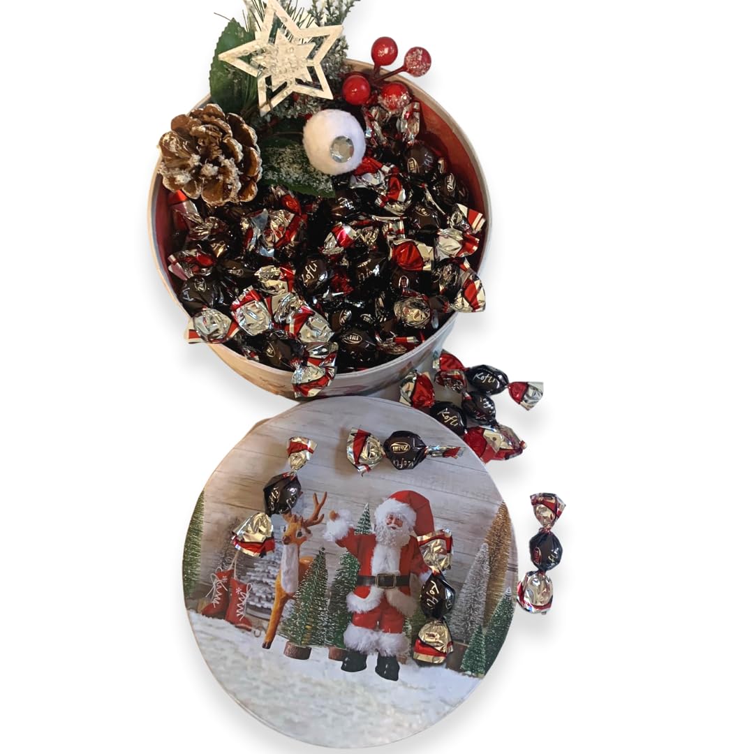 Regalo di Natale 2024 - Scatola Natalizia Tonda + 200gr Koflì Chicchi di Caffè Ricoperti di Cioccolato Fondente + Ramo di Bacca Decorativo - Confezione Regalo (200G KOFLI')