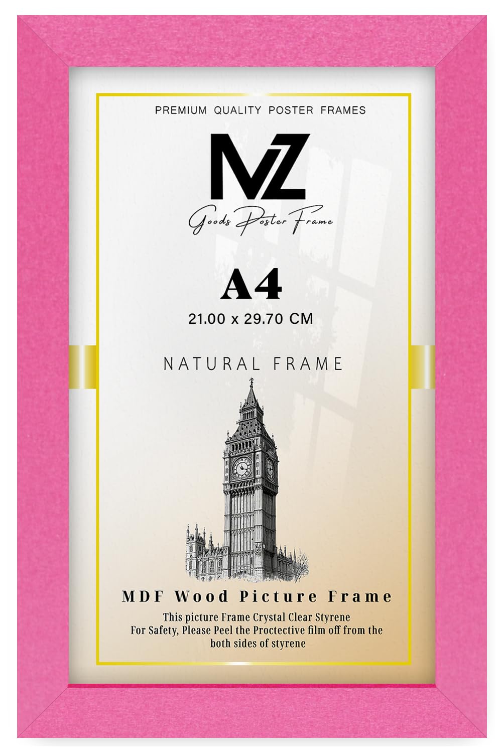 Mz Goods Pink Sleek A4 Flat Poster Frame 21 X 29.7 Cm Mdf With Uv-Protective Perspex & Metal Clips – Great For Nursery Or Office
