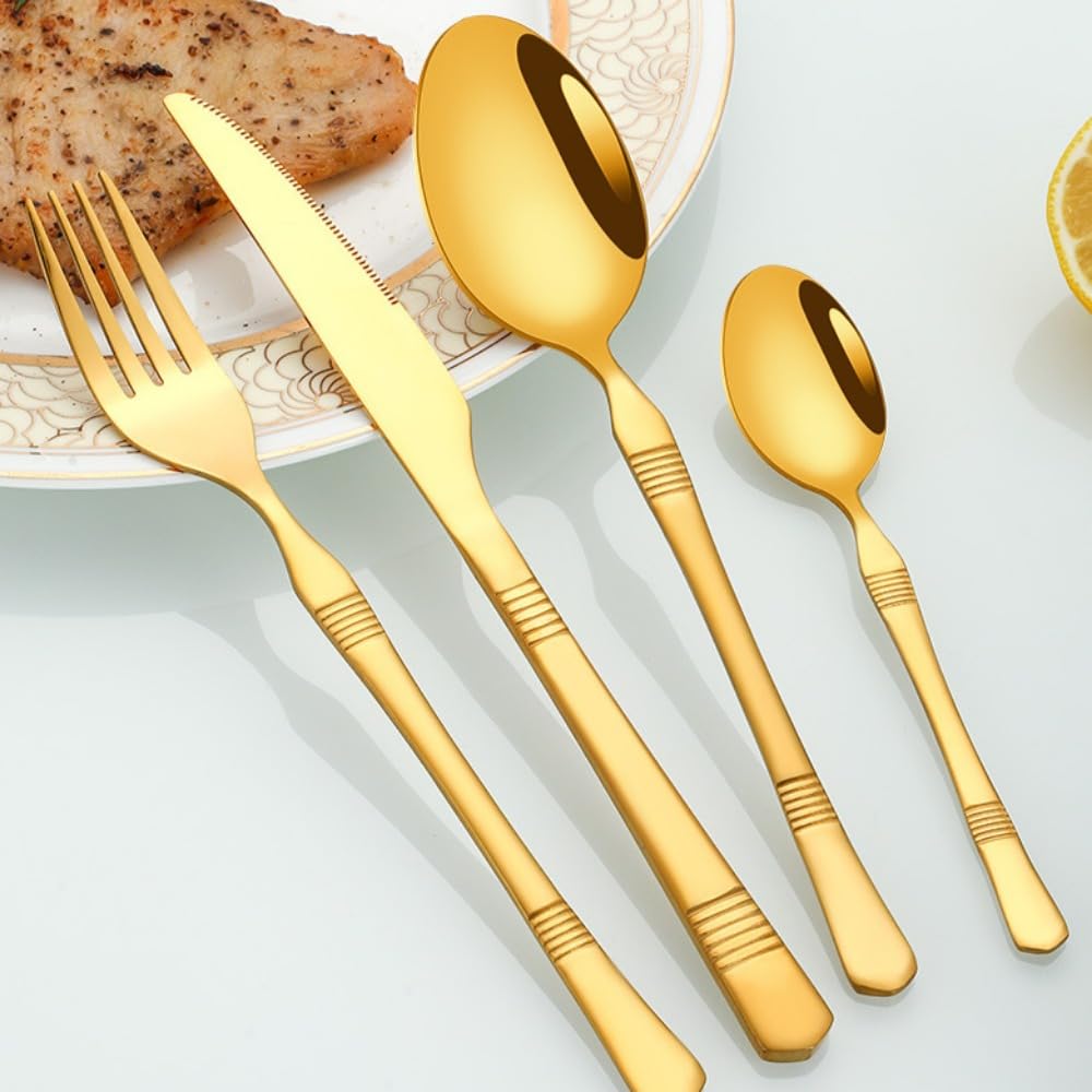 Besteckset aus Edelstahl, 20-teilig, bunt, mit horizontal gestreiftem Griff, Besteckset mit Steakmesser, Gabel, Löffel und Teelöffel für Küche und Esszimmer (schwarz)