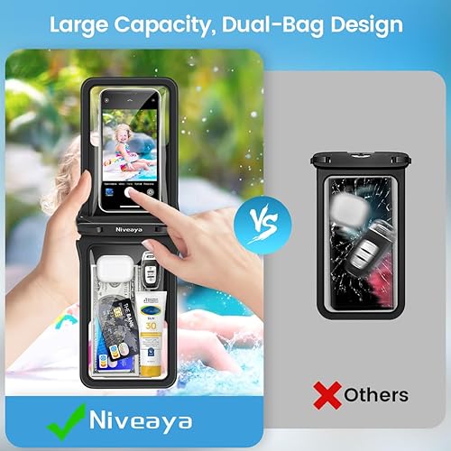 Miniatura 4 de Niveaya Bolsa impermeable para teléfono doble espacio, paquete de 2, funda impermeable con cordón para iPhone 1615141312 Pro Max de hasta 8.3