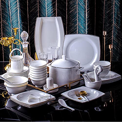 DUHTFCY 60 Heads jingdezhen Ceramics Dinnerware European Style Dinner Tableware Bone China Dishes Set Rice Bowl Salad Bowl Dish Bowl-B (B)