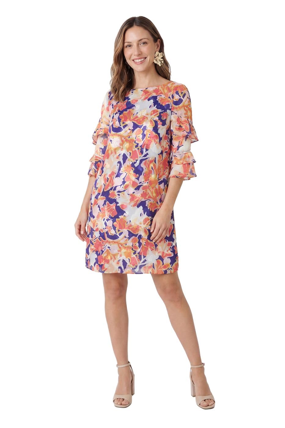 Wallis Petite Floral Burn Out Ruffle Shift Dress, 14, Navy