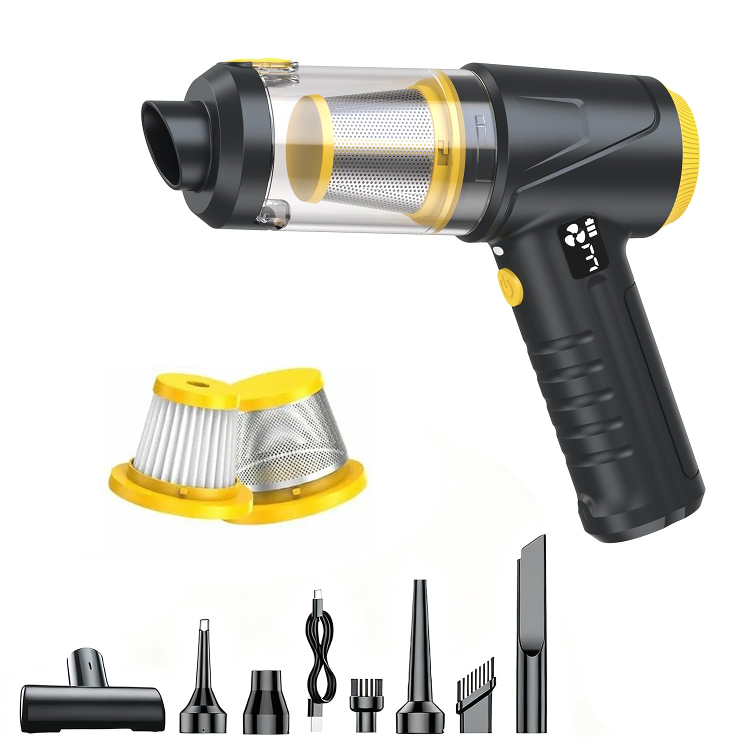 HKC 4 en 1 Soplador y Aspirador 110000RPM, 18000Pa Soplador de Polvo Eléctrico con Motor Sin Escobillas, Aspirador de Mano con Luz LED, Air Duster para PC,Teclado, Exterior, Hogar y Auto