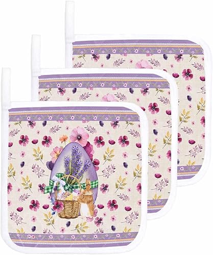 3 Packs Easter Basket Egg Pot Holders Sets for Kitchen,Oven Pan Plate Bowl Pads Heat Proof Mat with Hanging Loop,Terry Cloth Potholders Soft Grip