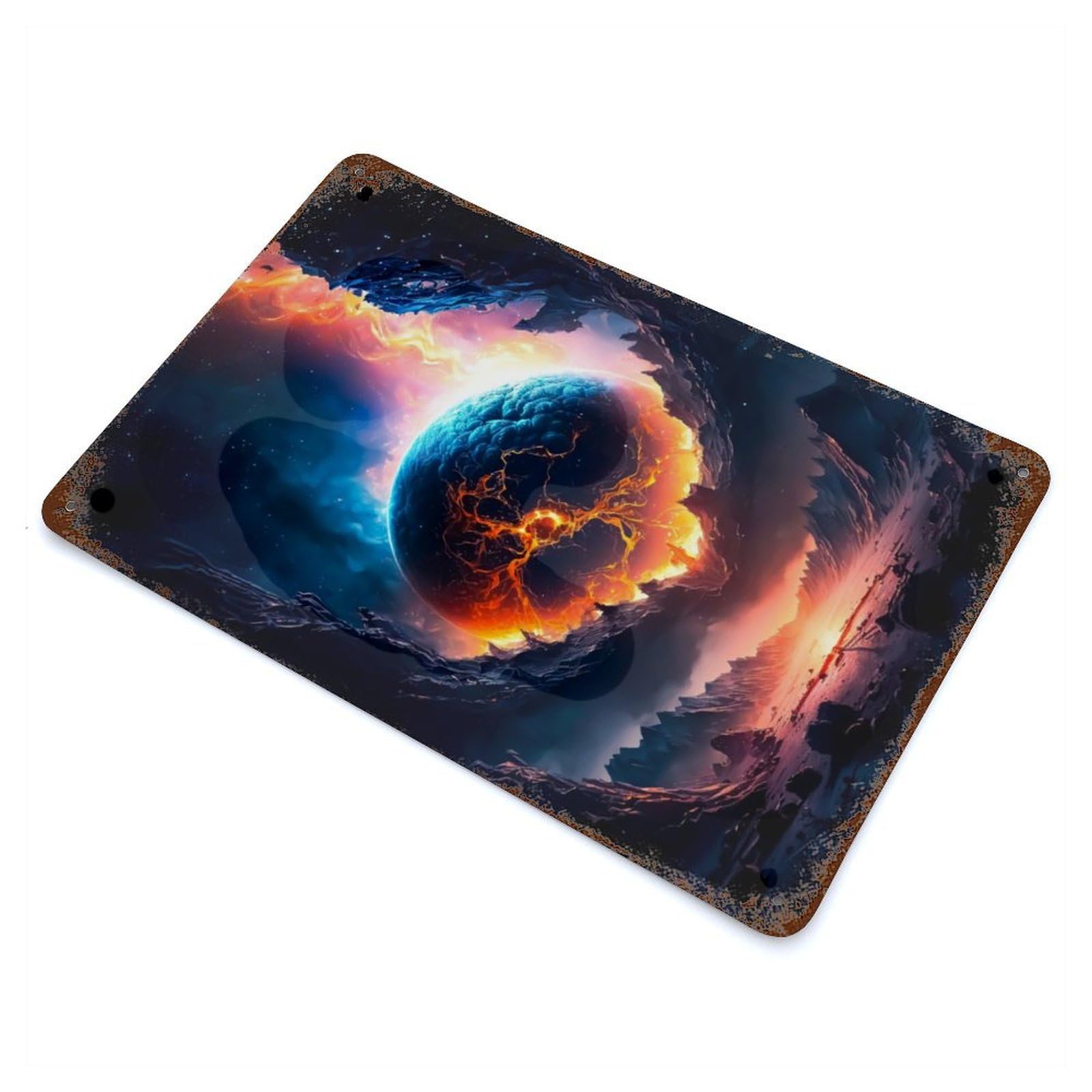 Garage Style Magma Planet Aged Metal Wall Plaque 11.8"x7.9", Farmhouse Wall Decor for Bar And Workshop