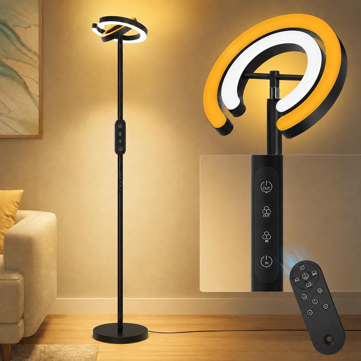 Stehlampe Wohnzimmer LED Dimmbar, 36W Super Hell 2000LM Deckenfluter mit Fernbedienung, 2 Drehbar C-Ring Lampenköpfe, 191cm Moderne Stehleuchte für Schlafzimmer Büro Esszimmer, Schwarz