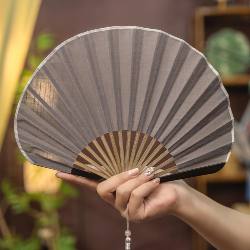 Handheld bamboo Fan,Vintage Chinese Cotton Linen Folding Fan - Elegant Handheld Prop for Weddings, Cosplay & Photography(Grey)