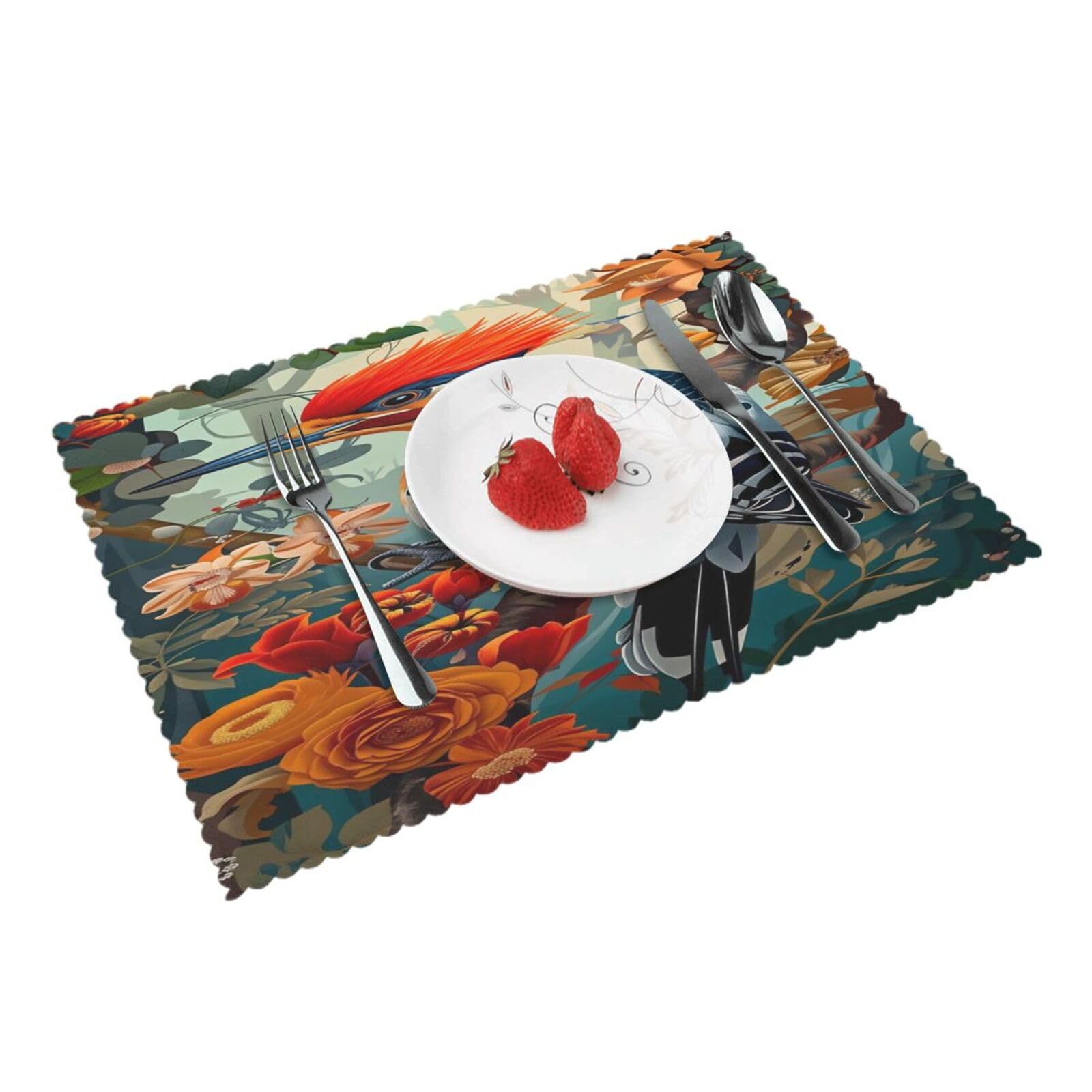 Vibrant Woodpecker Floral Pattern Placemats Set of 4 Print Table Mats Place Mats Table Decor for Kitchen Dining 12X18 in