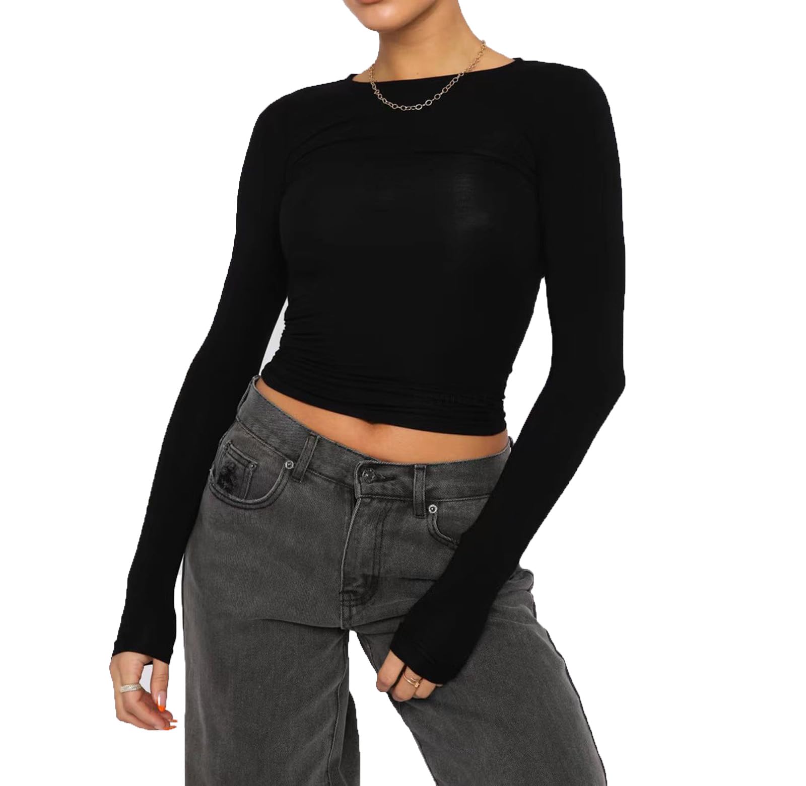 EMOTTOS Dubbel gevoerd getailleerd T-shirt - Dames Basic lange mouwen crop top, slim fit ronde hals lange mouwen, modieus skinny Y2K T-shirt, Champagne, L