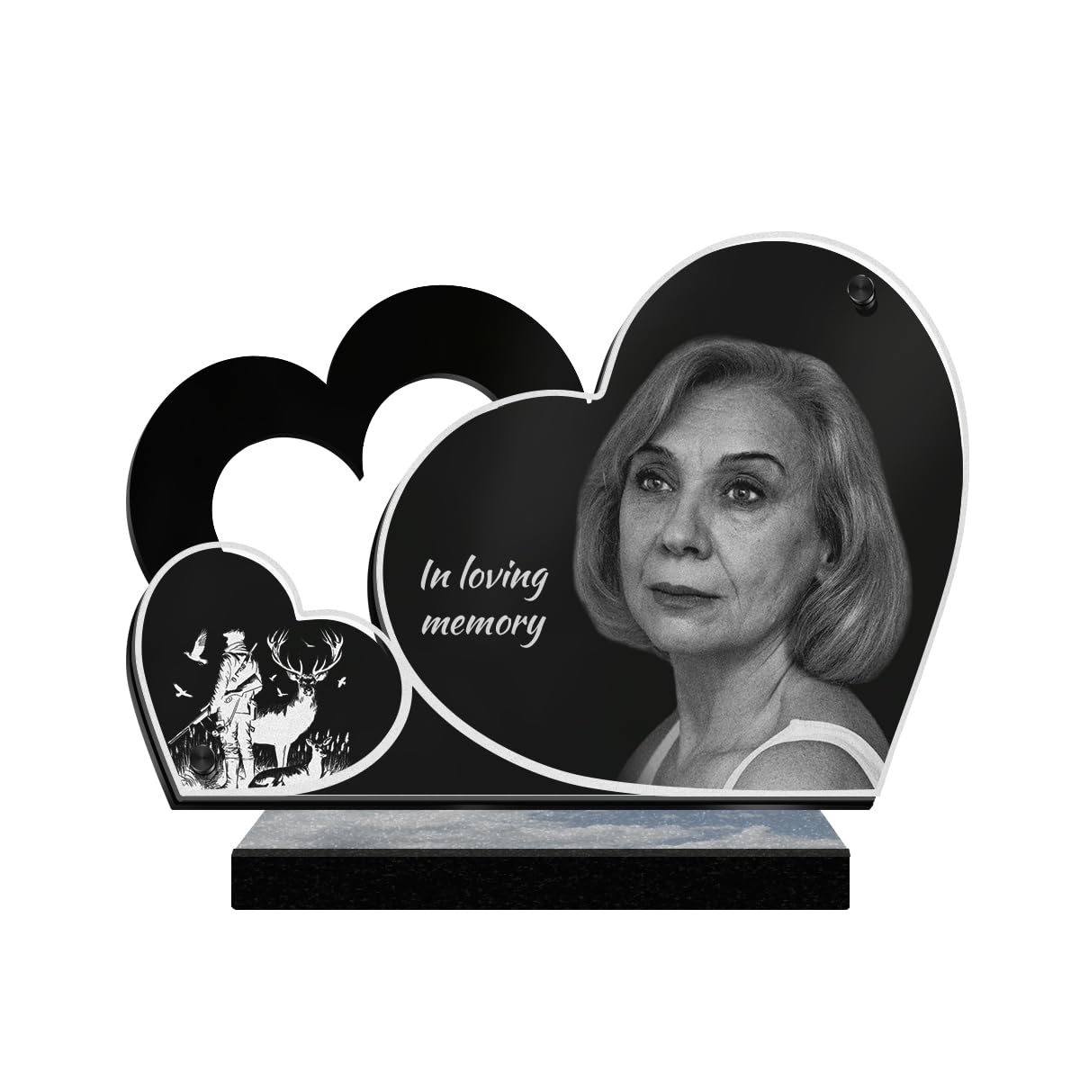 ETERNEL - Personalized Double Heart Funeral Plaque Hunting Photo and Customizable Text, laser-engraved funeral plaque for tribute, memorial plaque, cemetery, funerals, burial