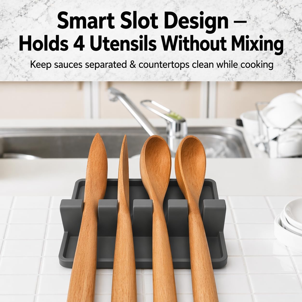 Spoon Rest for Stove Top, Silicone Spoon Holder for Kitchen Counter, Heat Resistant Drip Pad, BPA Free, Non-Slip, 4 Slots, Includes 2 Bonus Sponges (Gray) image 3
