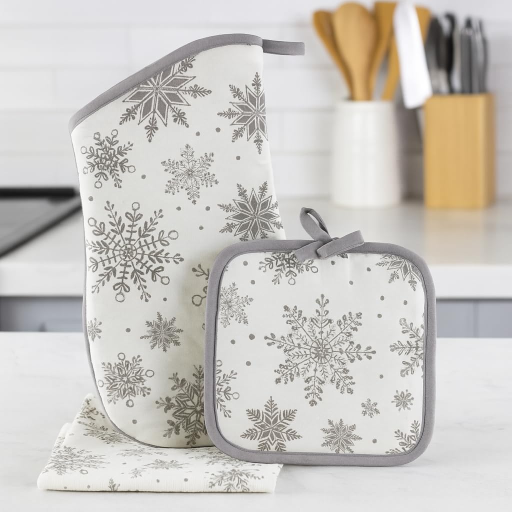 Winter Towels and Oven Mitt Set – 5 Piece Snowflake Bundle with 2 Towels 2 Pot Holders 1 Oven Mitt – Elegant Gray & White Holiday Décor