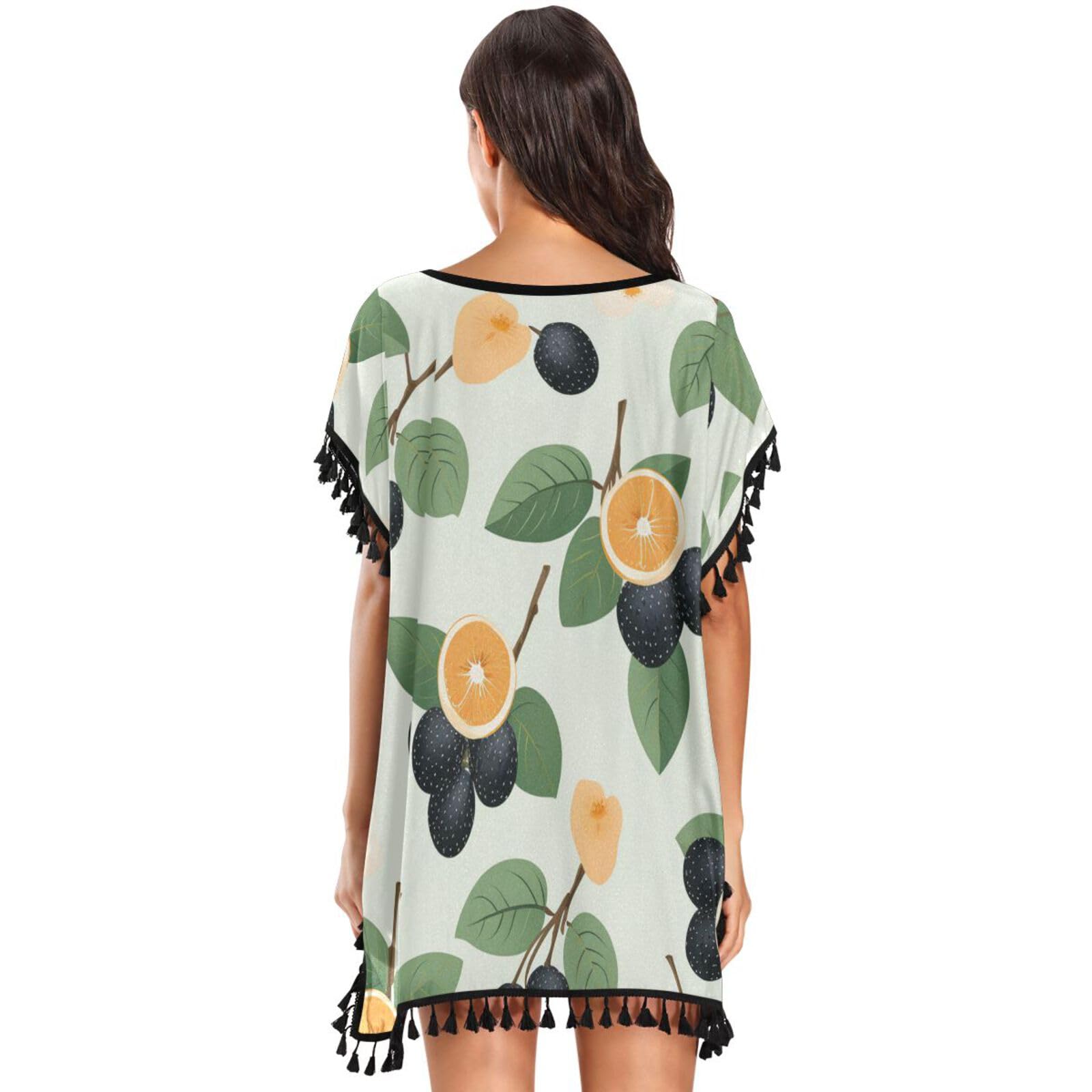 Blue Strawberry Fruit Art Women's Beach Cover Up Chiffon Tassel Swimwear Swimsuit Coverups for Girl