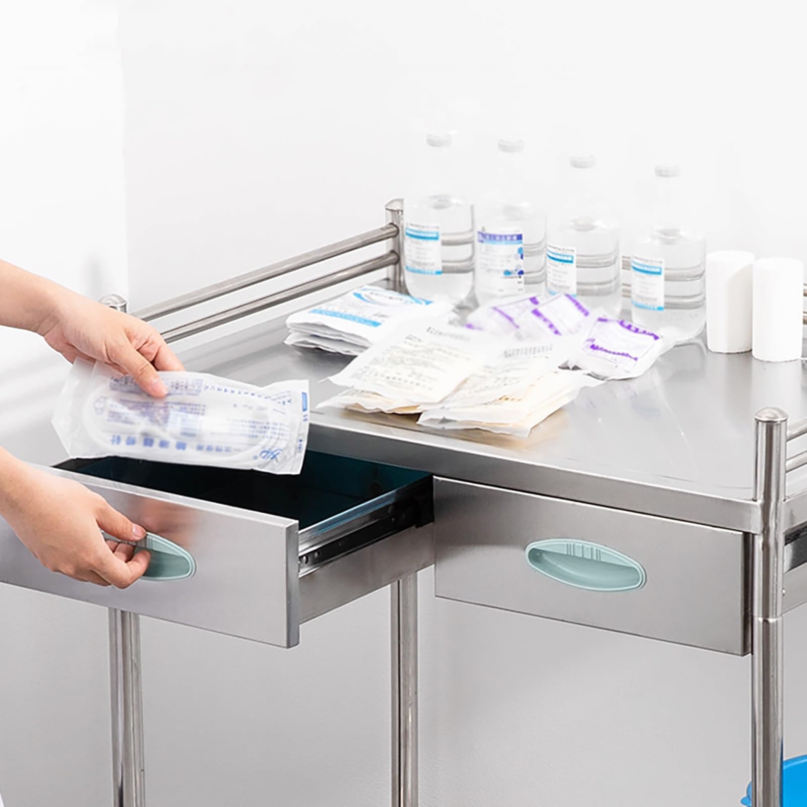 Carrello Da Laboratorio A 2 Ripiani In Acciaio Inossidabile, Con Due Cassetti, Carrelli Di Servizio Per Attrezzature, Carrelli Per Laboratori Odontoiatrici Con Ruote Commerciali,per Ufficio,ristorante