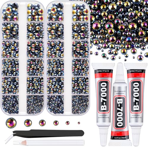 Image of Flatback Pearls for Crafting with 3Pcs 10ml B7000 Jewelry Glue, 2 Boxes of Half Round Black AB Pearls, Bedazzling Beads for DIY Crafts Clothing Tumblers Shoes Embellishment Nail Art