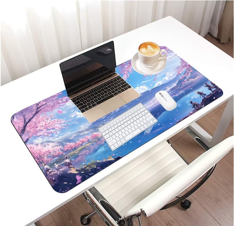 Desk mat grand format lavable avec motif japonais fleurs de cerisier pour PC portable