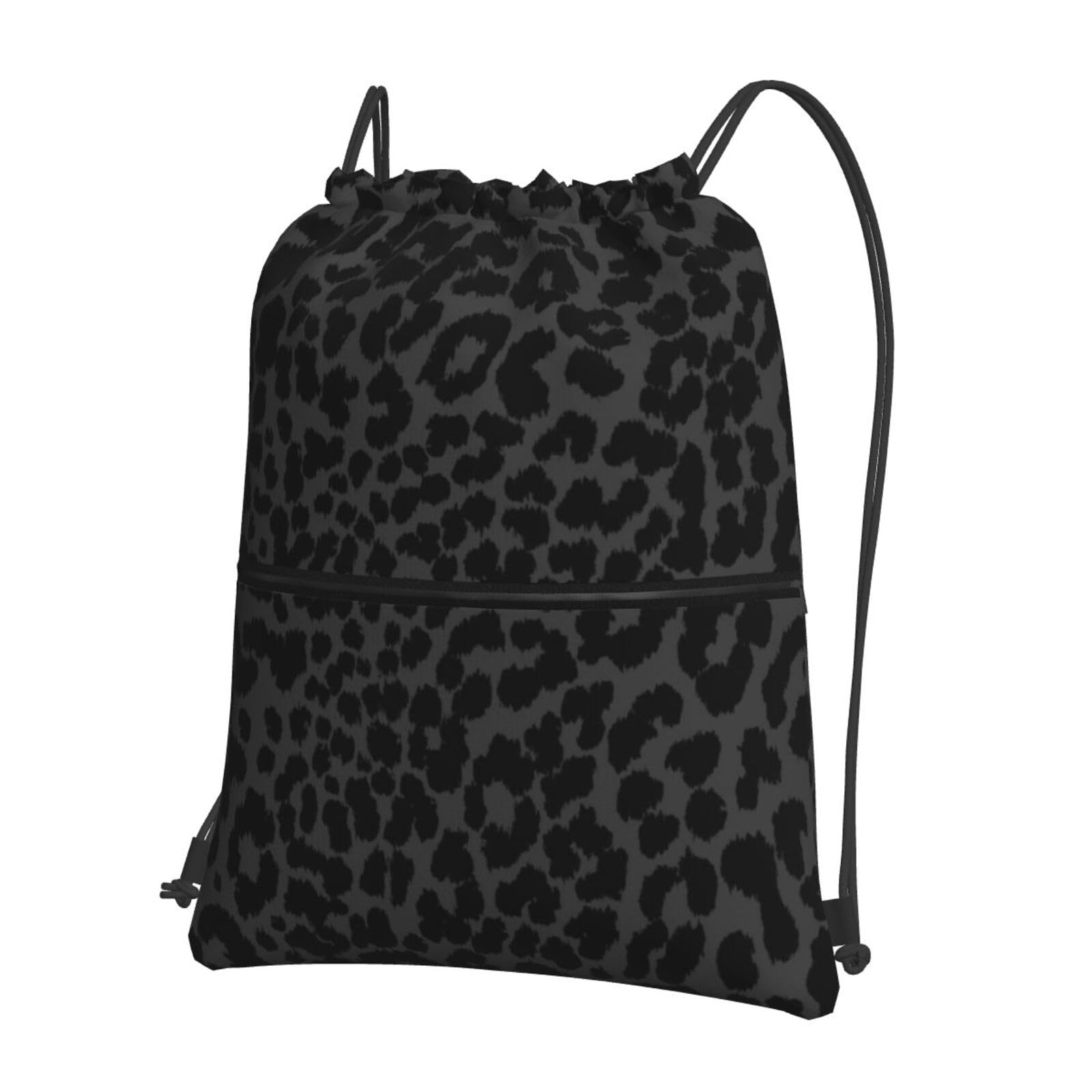 MZERSE Women Fashion Drawstring Backpack Gym Bags with Zipper Pockets, Multifunction Compatible with Dark Gray Black Leopard Cheetah Print Drawstring Bag for Cycling Hiking Team Training