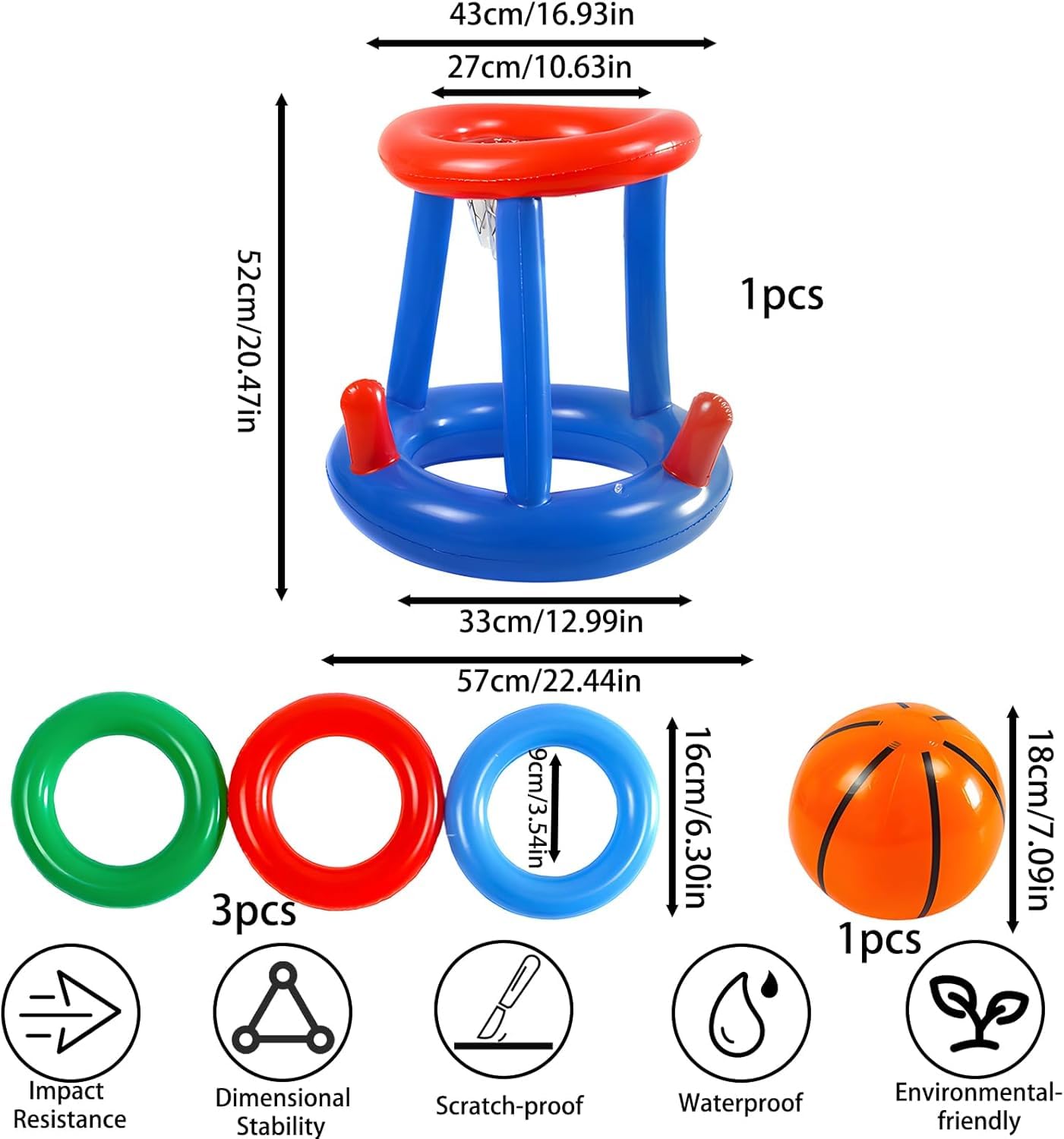 SrgPui Pool Basketball Hoop Set, Inflatable Pool Games with 1 Basketball and 3 Rings - Image 2