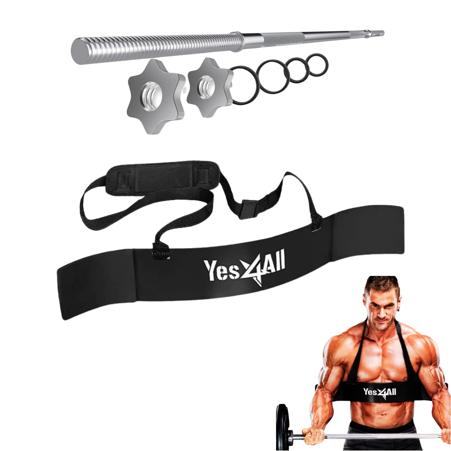 Yes4All 480LB Standard Straight Barbell 60" & EZ Curl Bar 47", Weight Bar 1" Diameter - Star Lock Collars & Rubber Ring for Deadlifts, Squats