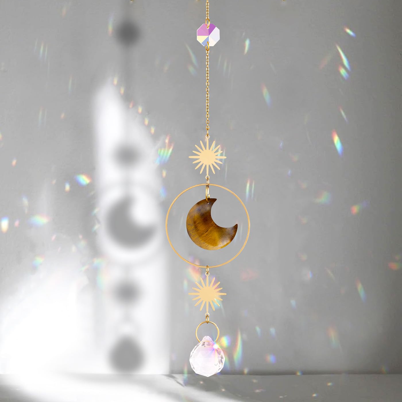 Sahoottie Tiger Eye Sun Catcher Moon Crystal Sun Catcher for Window Garden Hanging Crystal Rainbow Maker Sunlight Catcher