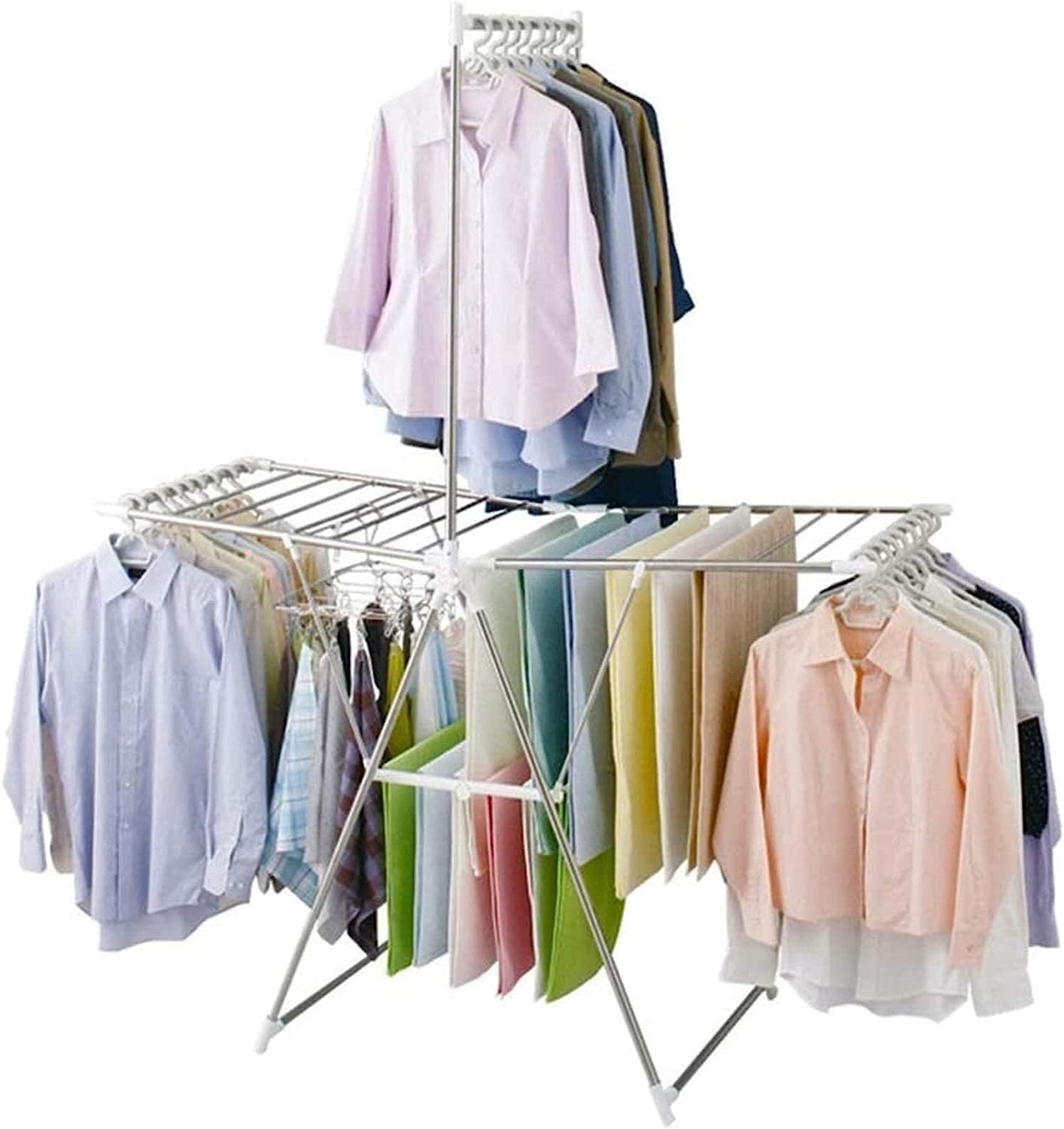 Zusammenklappbarer Wäscheständer Dreifach rollender Wäscheständer, Hängeständer, zusammenklappbarer Flügel-Wäscheständer, vertikaler Wäscheständer for den Innen- und Außenbereich, Edelstahl-Hängestang