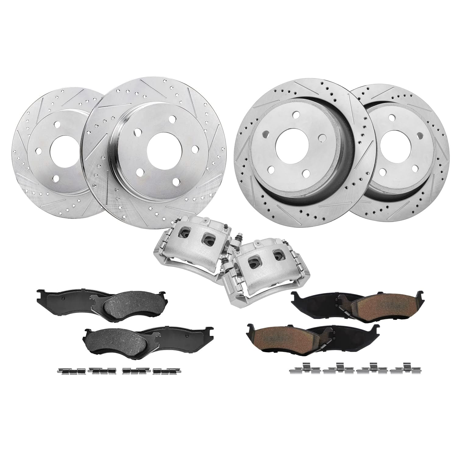 Detroit Axle - Brake Kit for 2002-2005 Dodge Ram 1500, 2005-2006 Durango | Drilled Slotted Brake Rotors Ceramic Brake Pads Front Brake Calipers Replacement [13.23 inch Front &amp; 13.86 inch Rear Rotors]