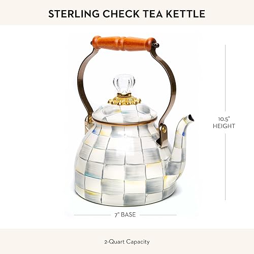 Miniatura 4 de MacKenzie-Childs Sterling Check - Tetera esmaltada, tetera decorativa, capacidad de 2 cuartos de galón