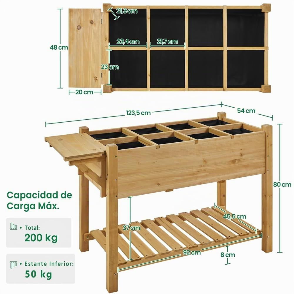 Yaheetech Huerto Urbano con Estante 123,5x54x80cm Macetero Jardinera Elevada de Madera Abeto con Rejillas de Cultivo Extraíbles y Forro Interior de Tela para Jardín/Terraza/Balcón Marrón Claro