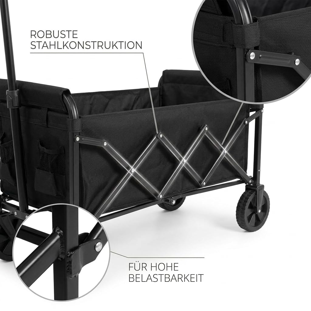Faltbarer Bollerwagen mit Rädern Leichter Tragbarer Handwagen aus Stahl für Garten Camping Einkaufen Sport Strand Outdoor Transportwagen mit Großer Kapazität und Abnehmbarem Design Schwarz