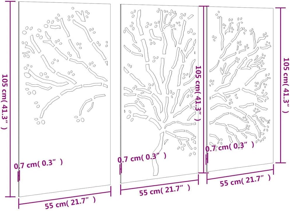 vidaXL Rustic Corten Steel Patio Wall Decorations, Set of 3, Tree Branch Design, Weather Resistant, Easy Installation, Garden Wall Art 41.3 x 21.7 Inches