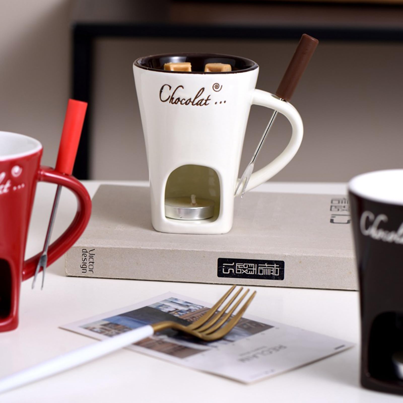 Czekoladowy kubek do fondue z widelcami, filiżanka do kawy, zestaw ceramicznych kubków do fondue, kubek do topienia gorącej czekolady, podgrzewacz do masła, podgrzewacza do podgrzewacza do herbaty