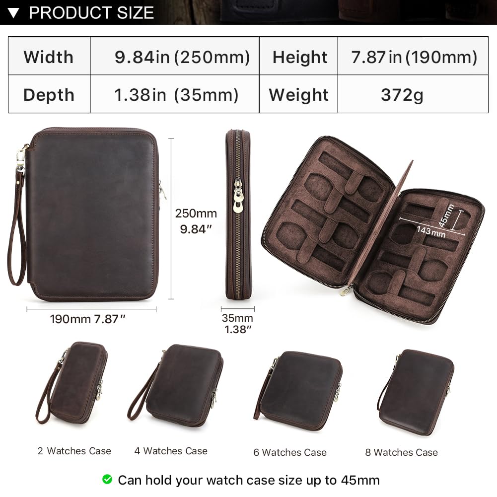CONTACTS Herren-Armbanduhr, echtes Leder, mit Reißverschluss, schmale Box, minimalistische Vintage-Uhr, Handtasche, Clutch mit Befestigungsriemen (Kaffeebraun - 8 Fächer)