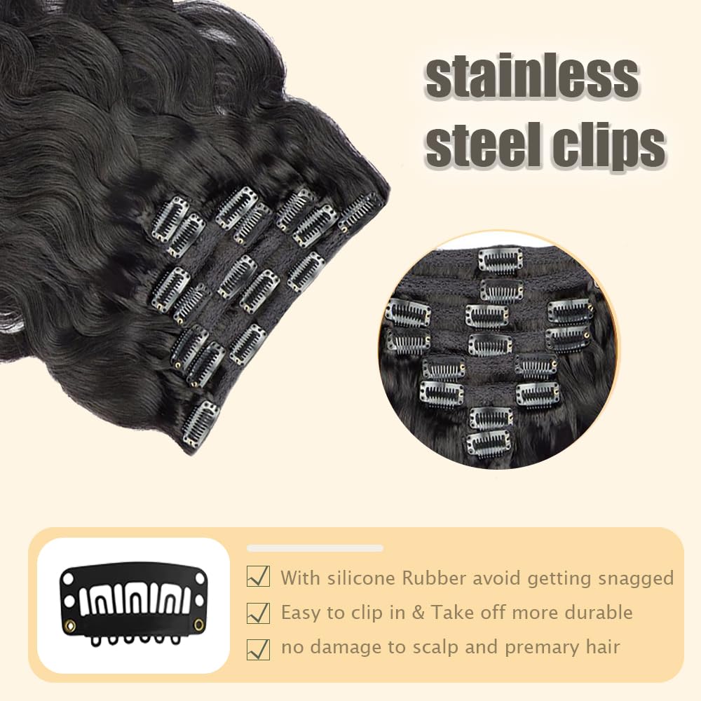 Extension per capelli ondulati con clip, capelli brasiliani, non trattati, capelli vergini brasiliani, #1B, nero naturale, 7 pezzi, 120 g, con 16 clip per set, per donne, 50,8 cm