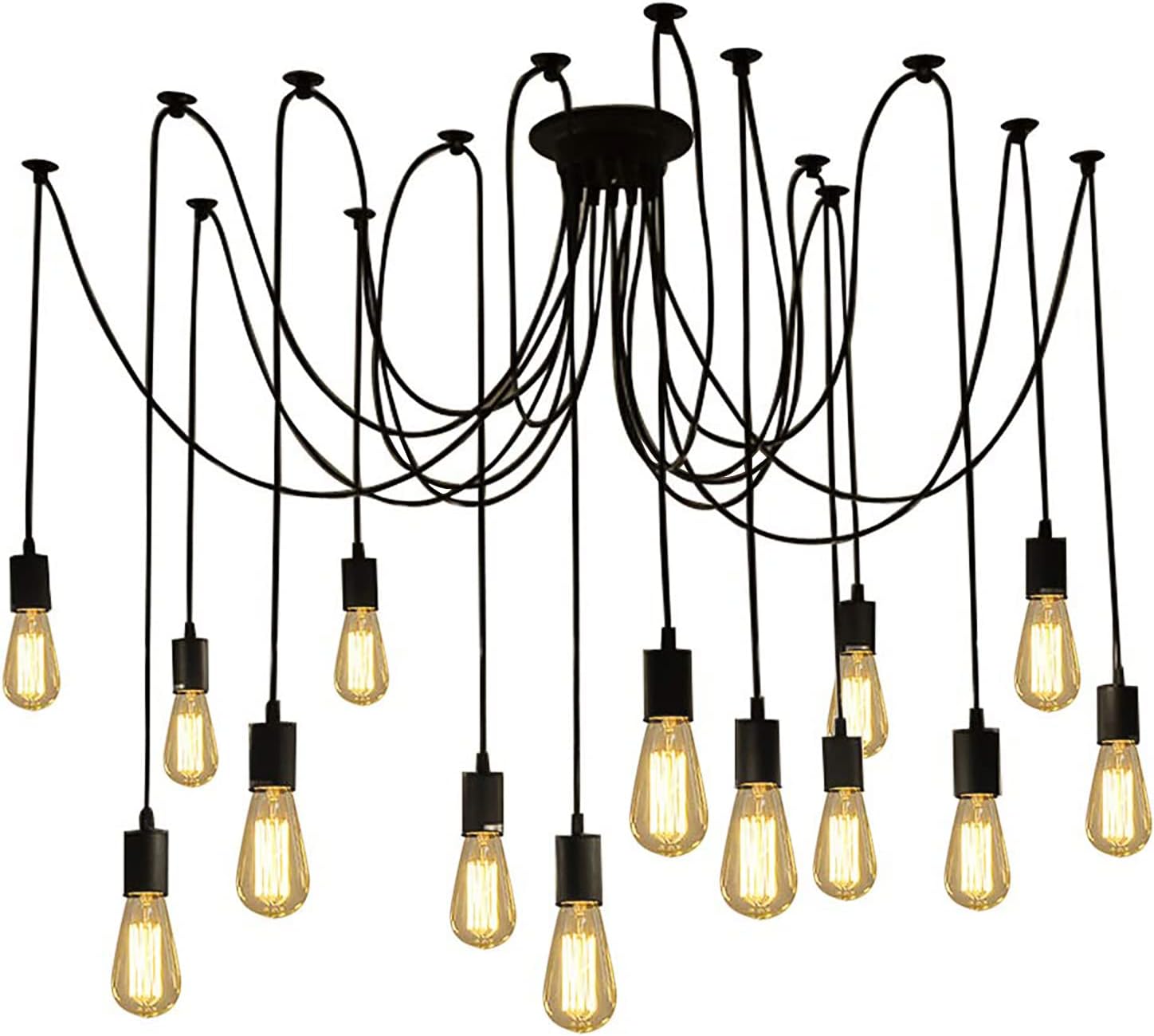 Fuloon Vintage Edison Multiple Ajustable DIY Ceiling Spider Lamp Light Pendant Lighting Chandelier Modern Chic Industrial Dining with Romote Control (14 Head Cable 200cm/78.7inch Each)