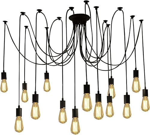 Miniatura 10 de Fuloon Vintage Edison - Lámpara de araña de techo ajustable múltiple para bricolaje, lámpara colgante moderna y elegante, industrial con control